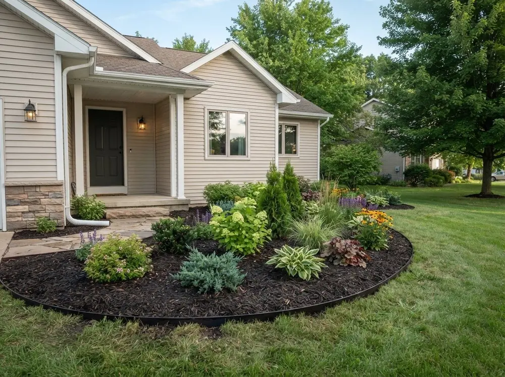 Freshly mulched front landscape bed with steel edging and perennials