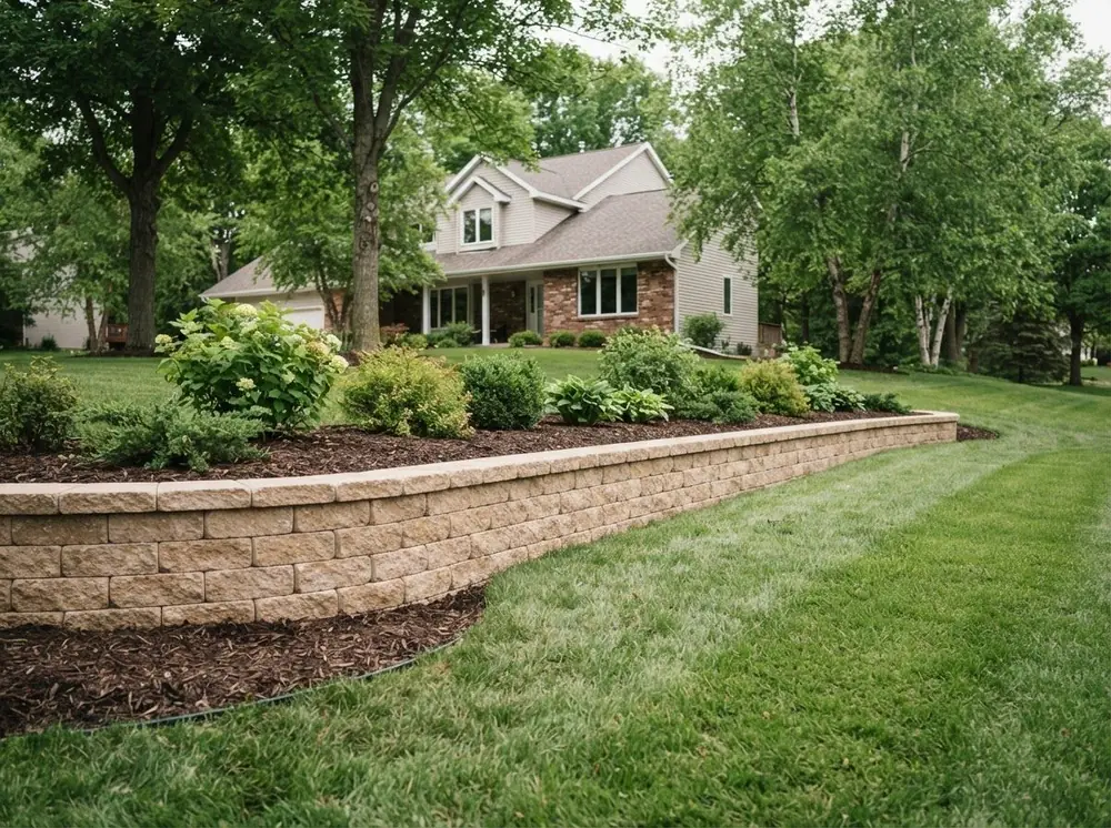 Block retaining wall with a mulched planting bed